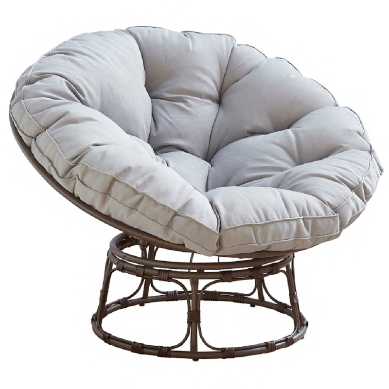 Monica Brown Swivel Moon Chair with Grey Cushions