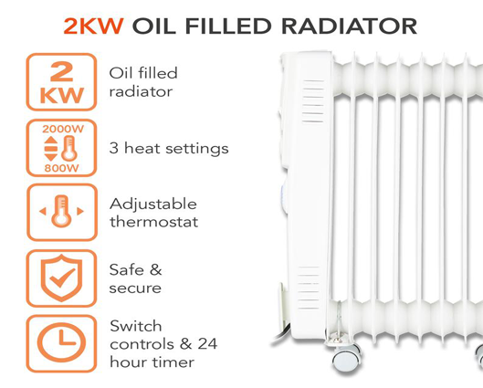 Warmlite 2000w Oil Filled Radiator with 24h Timer