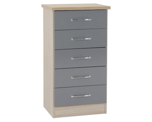 Neptune 5 Drawer Narrow Chest - Grey Gloss/Light Oak Effect Veneer