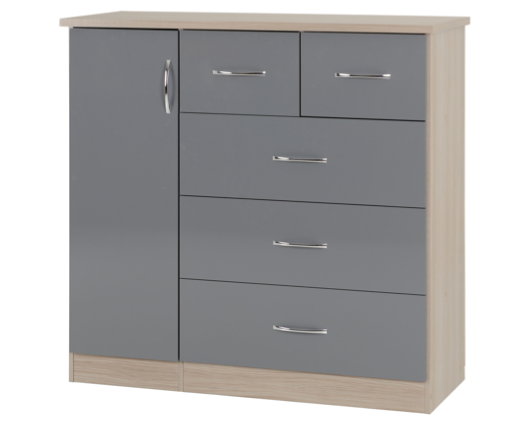 Neptune 5 Drawer Low Wardrobe - Grey Gloss/Light Oak Effect Veneer