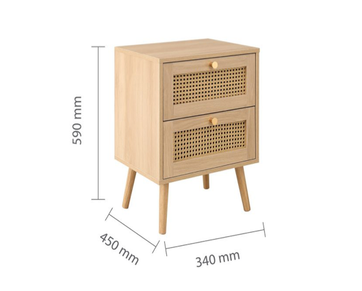 Croxley 2 Drawer Rattan Bedside- Oak