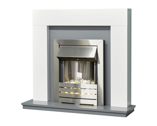 Dawson Fireplace Suite 39inch White/Grey With electric Fire - Brushed Steel