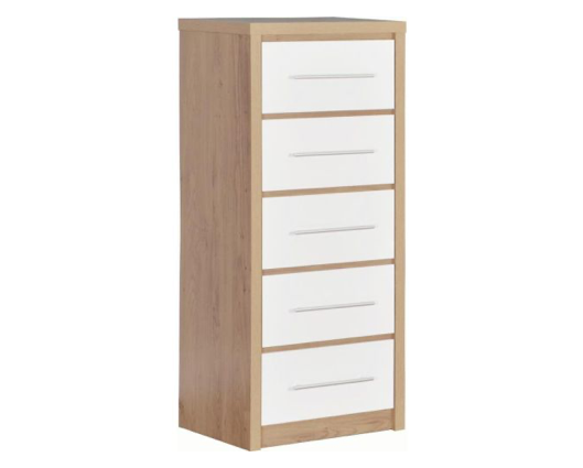 Santos 5 Drawer Narrow Chest - White High Gloss/Light Oak Effect Veneer