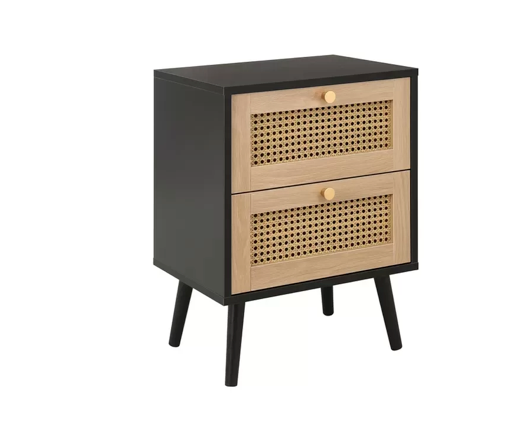 Catalina 2 Drawer Rattan Bedside- Black