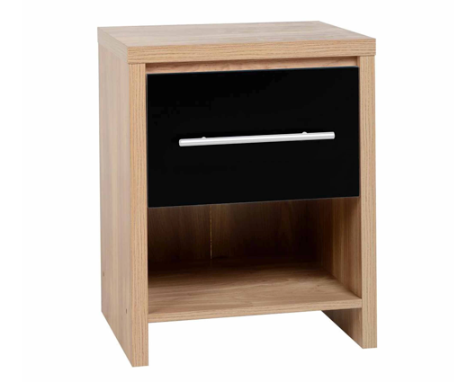 Santos 1 Drawer Bedside Cabinet - Black High Gloss/Light Oak Effect Veneer