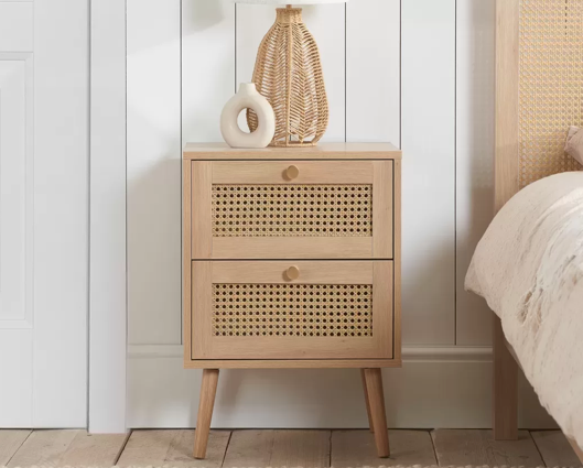 Croxley 2 Drawer Rattan Bedside- Oak
