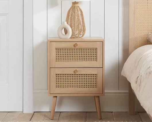 Catalina 2 Drawer Rattan Bedside- Oak