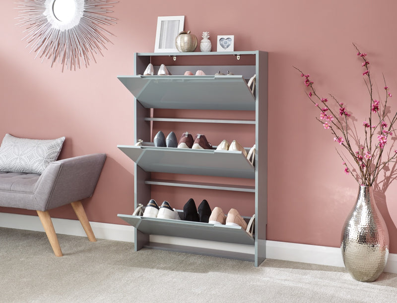 Slim High Gloss 3 Tier Shoe Cabinet-Grey