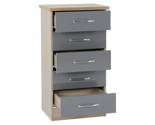 Neptune 5 Drawer Narrow Chest - Grey Gloss/Light Oak Effect Veneer