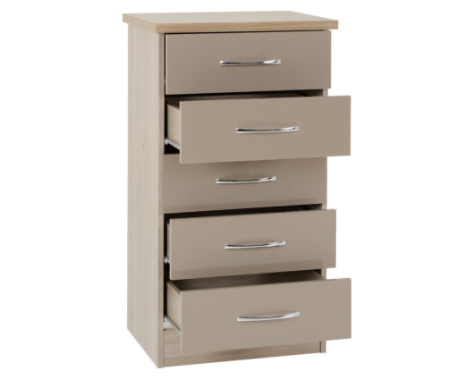 Neptune 5 Drawer Narrow Chest - Oyster Gloss/Light Oak Effect Veneer