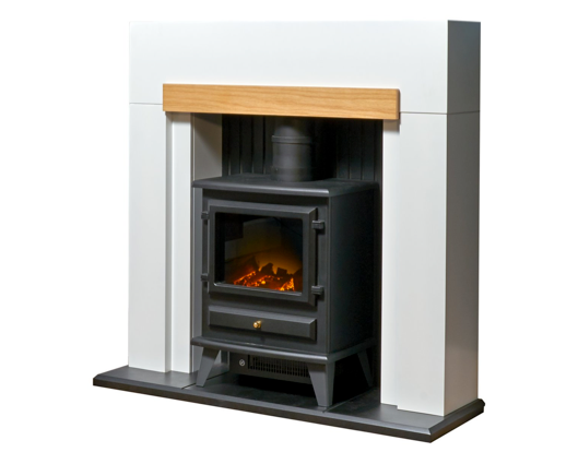 Stalbridge Fireplace 39inch - White/Oak With Electric Stove - Black