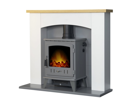 Hugo Fireplace Suite 39inch - White/Grey With Electric Stove - Grey Enamel