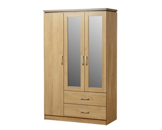 Cordell 3 Door 2 Drawer Mirrored Wardrobe - Oak Effect Veneer with Walnut Trim