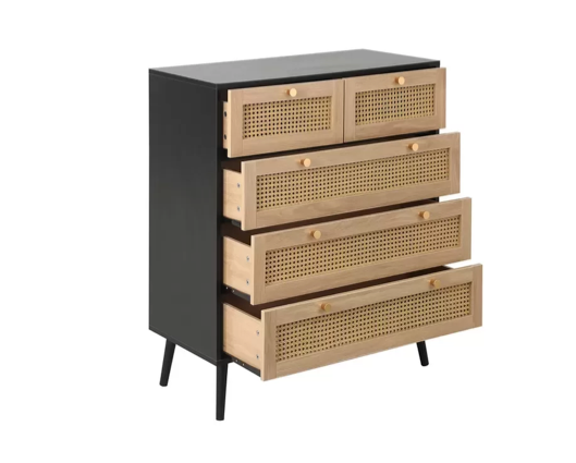 Catalina 5 Drawer Rattan Chest- Black