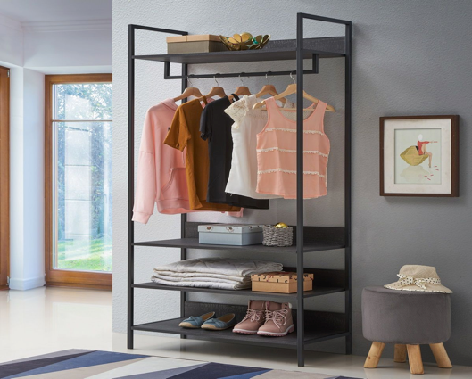 Zulu Wide Open Wardrobe with 4 Shelves-Black