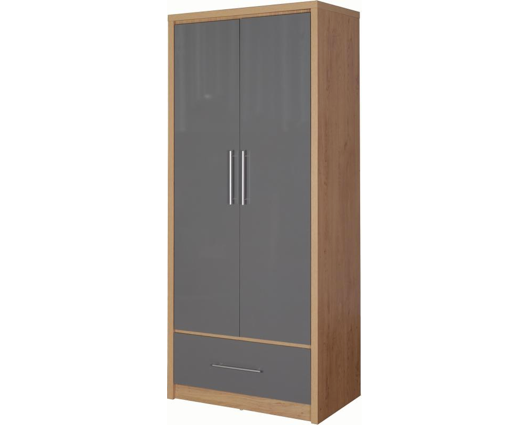 Santos 2 Door 1 Drawer Wardrobe - Grey High Gloss/Light Oak Effect Veneer