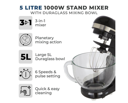Tower Stand Mixer with 5L Stainless 1000W - Glass Bowl